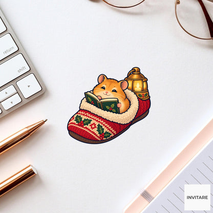 Hamster Lantern Pages Vinyl Sticker, Cozy Christmas Reading Animal Decal, Book Lover Gift