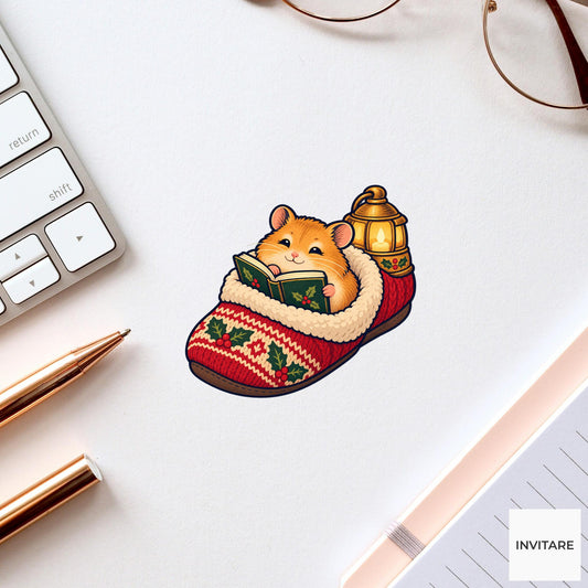 Hamster Lantern Pages Vinyl Sticker, Cozy Christmas Reading Animal Decal, Book Lover Gift