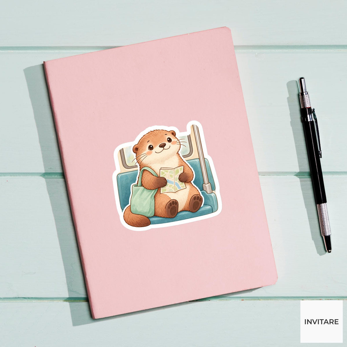 Otter Reading a Map on a Subway Seat Vinyl Sticker, Cozy Commute Decal