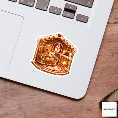 Gingerbread Resident Reading a Letter in a Caramel Armchair Vinyl Sticker, Christmas Cookie Room Art