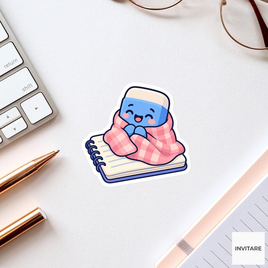 Blue Eraser Wearing a Blanket on a Small Notebook Vinyl Sticker, Funny Desk Break Decal