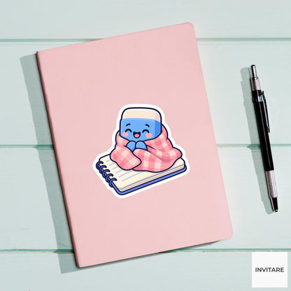 Blue Eraser Wearing a Blanket on a Small Notebook Vinyl Sticker, Funny Desk Break Decal