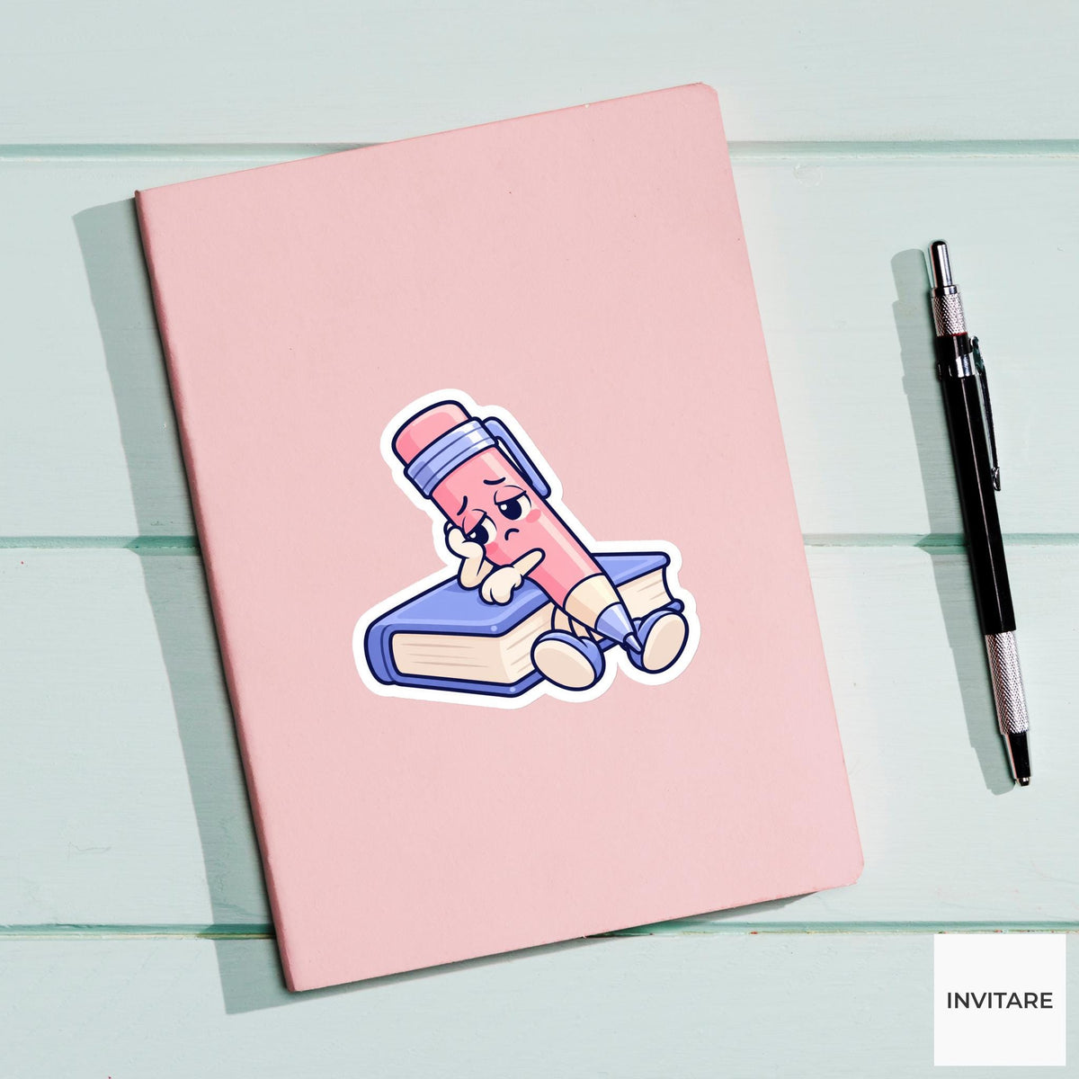 Tired Pink Pencil Leaning on a Closed Book Vinyl Sticker, Funny Desk Break Decal