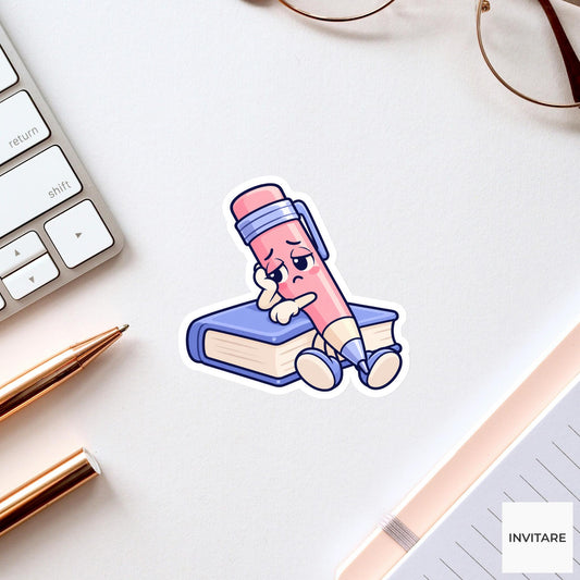 Tired Pink Pencil Leaning on a Closed Book Vinyl Sticker, Funny Desk Break Decal