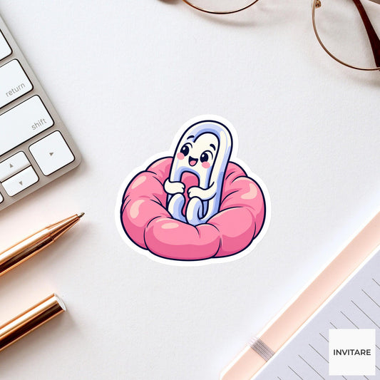 Cute Paper Clip Relaxing in a Pink Cushion Vinyl Sticker, Funny Desk Break Decal