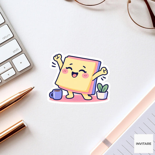 Sticky-note Pad Stretching Its Little Arms Vinyl Sticker, Funny Desk Break Decal