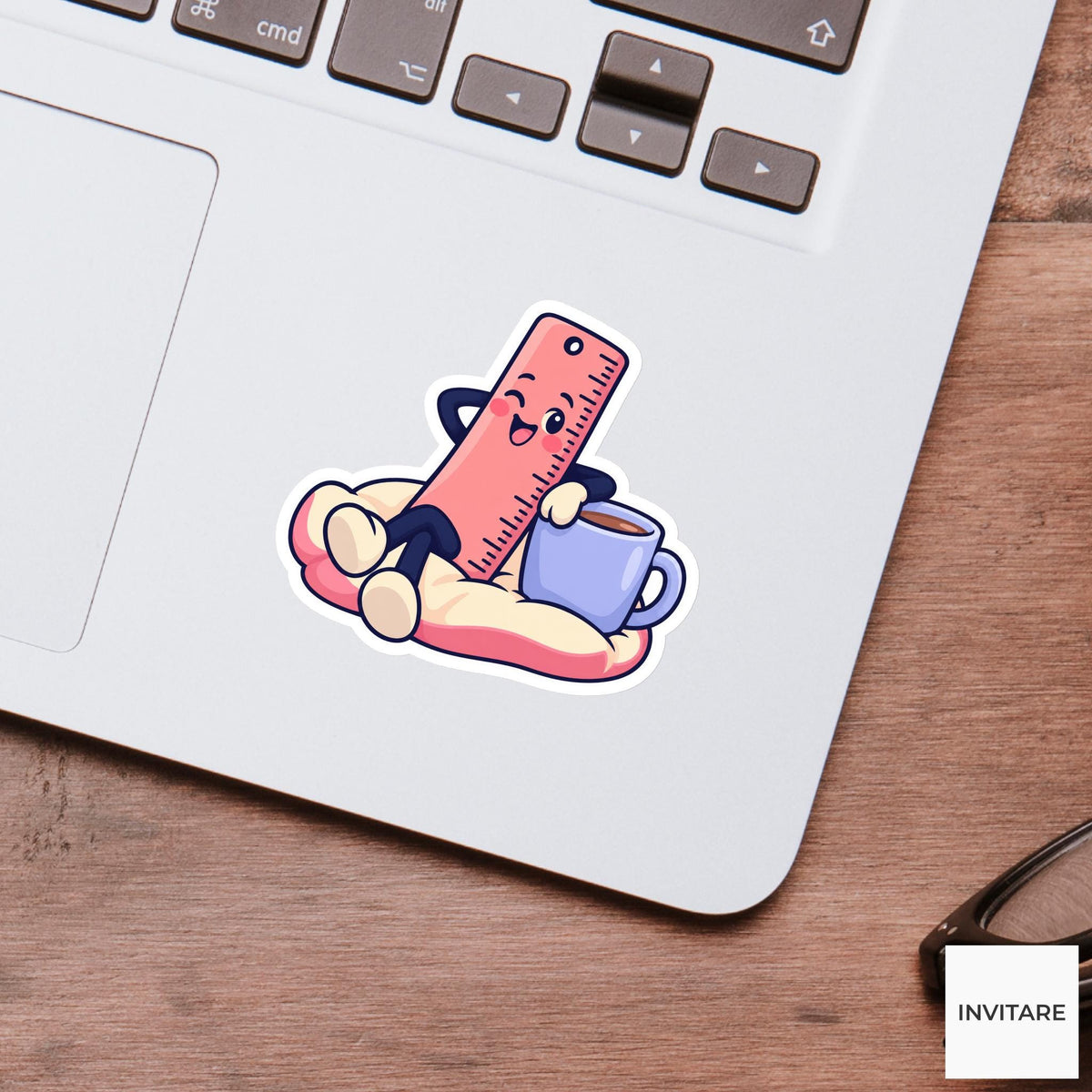 Ruler Lounges beside a Mug Vinyl Sticker, Funny Desk Break Decal