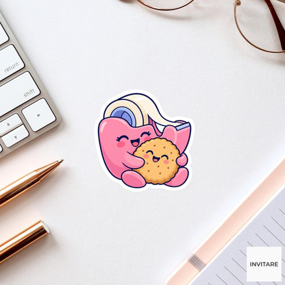 Tape Dispenser Cuddling a Round Biscuit Vinyl Sticker, Funny Desk Break Decal