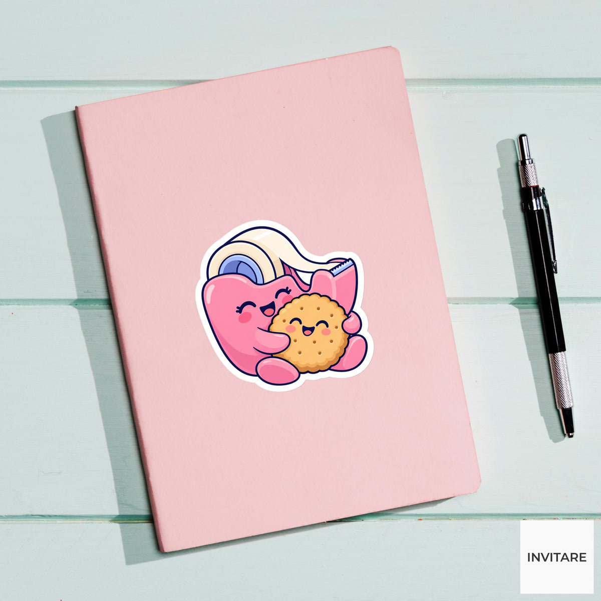 Tape Dispenser Cuddling a Round Biscuit Vinyl Sticker, Funny Desk Break Decal
