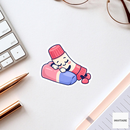 Glue Stick Resting on an Eraser Pillow Vinyl Sticker, Funny Desk Break Decal