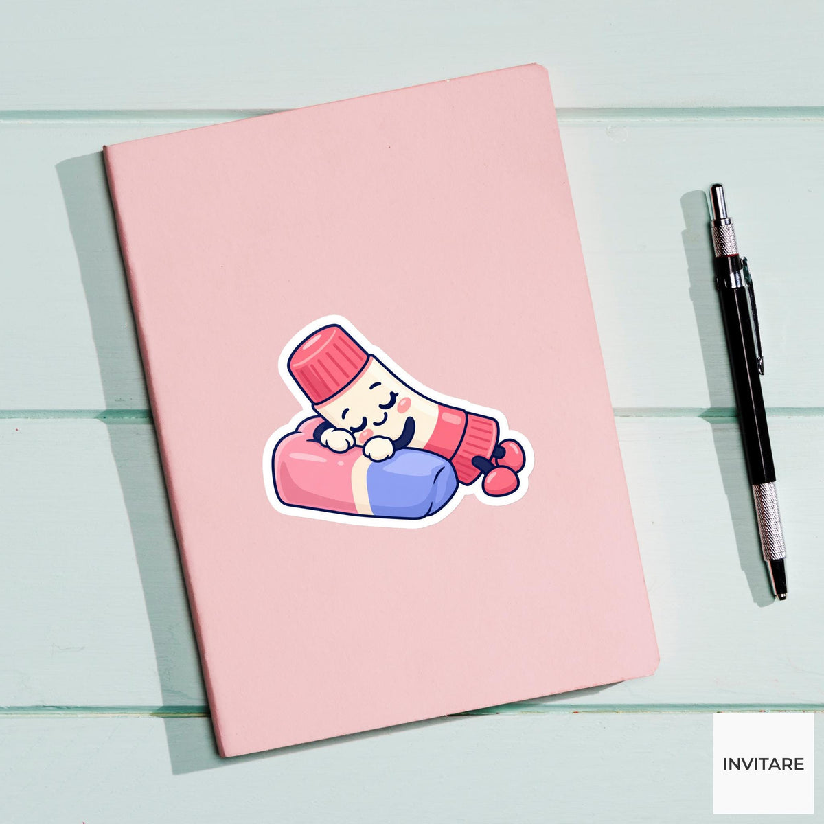 Glue Stick Resting on an Eraser Pillow Vinyl Sticker, Funny Desk Break Decal