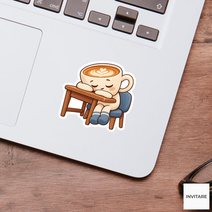 Latte Cup Leaning Sleepily Onto a Desk Edge Vinyl Sticker, Funny Office Coffee Decal