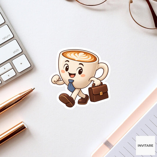 Cappuccino Mug Carrying a Stout Briefcase Vinyl Sticker, Funny Office Coffee Decal