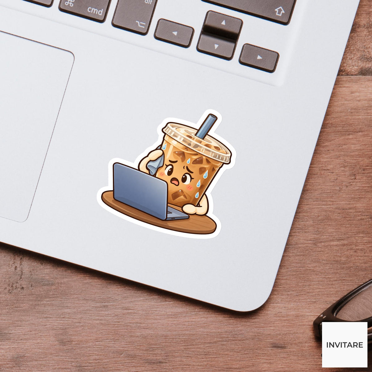 Stressed Iced Coffee Working at a Laptop Vinyl Sticker, Funny Office Coffee Break Decal