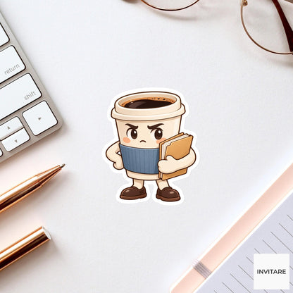 Americano Cup Standing Stiffly with a Paper Folder Vinyl Sticker, Funny Office Coffee Decal