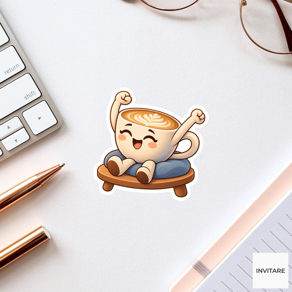 Flat-white Cup Stretching Arms Over Its Foam Vinyl Sticker, Funny Office Coffee Decal