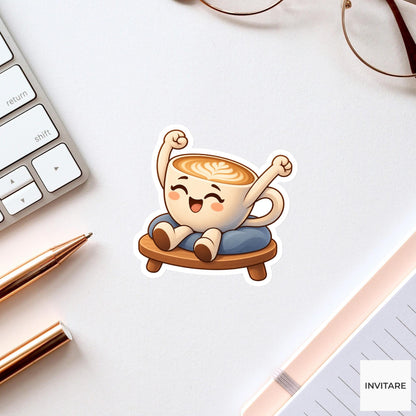 Flat-white Cup Stretching Arms Over Its Foam Vinyl Sticker, Funny Office Coffee Decal