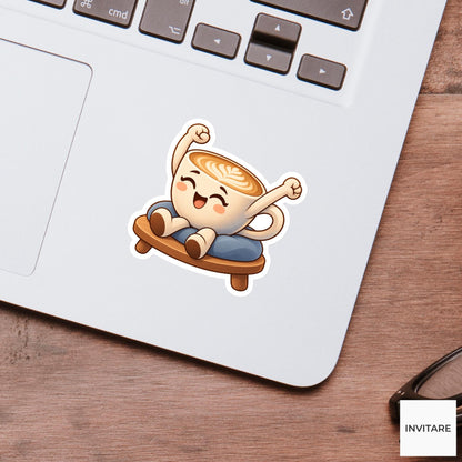 Flat-white Cup Stretching Arms Over Its Foam Vinyl Sticker, Funny Office Coffee Decal