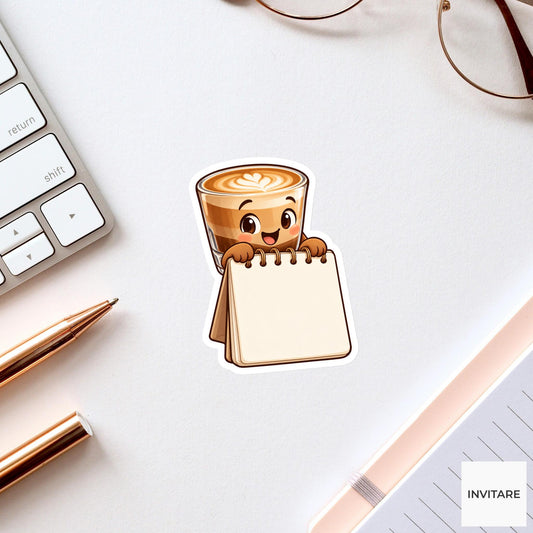 Cortado Glass Peering Over a Blank Memo Pad Vinyl Sticker, Funny Office Coffee Decal