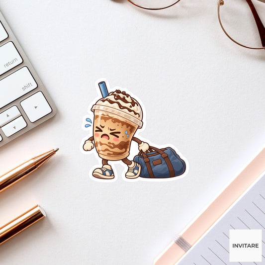 Frappe Cup Dragging a Heavy Work Bag Vinyl Sticker, Funny Office Coffee Decal