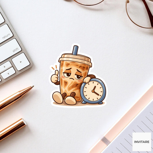 Tired Caramel Latte Giving a Thumbs Up Beside a Clock Vinyl Sticker, Funny Office Coffee Decal