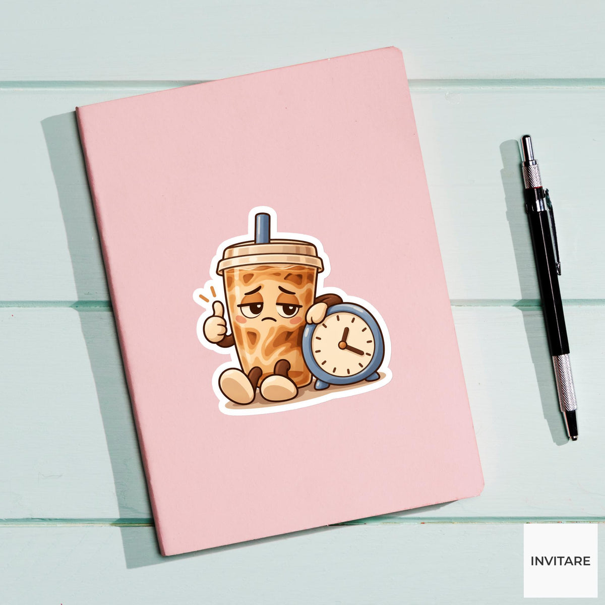 Tired Caramel Latte Giving a Thumbs Up Beside a Clock Vinyl Sticker, Funny Office Coffee Decal
