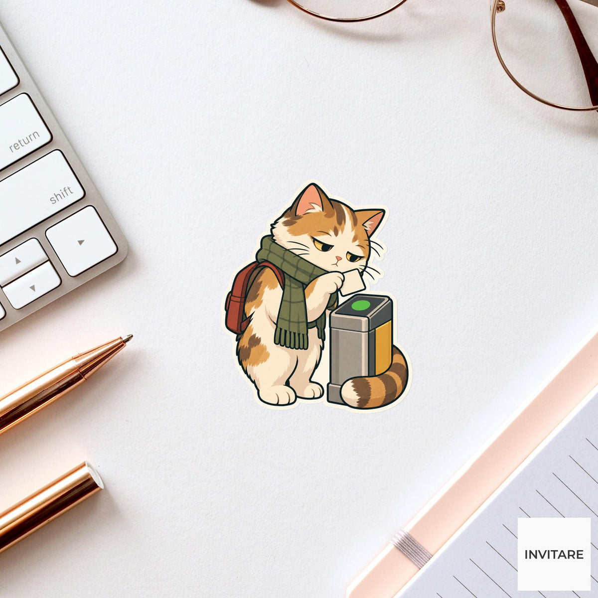 Cat Sleepy Card Tap Sticker, Rail Commute Animal, Laptop Journal Planner Gift