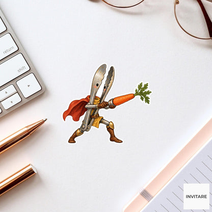 Tongs Knight With Carrot Vinyl Sticker, Whimsical Kitchen Adventure Decal
