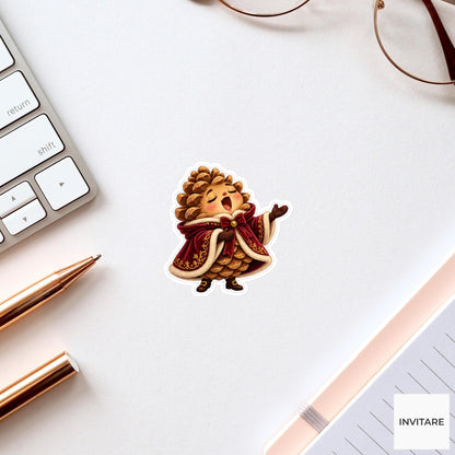 Pinecone Singing In Burgundy Cloak Vinyl Sticker, Cozy Christmas Choir Decal