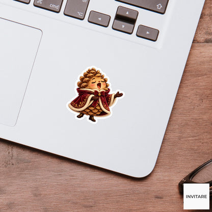 Pinecone Singing In Burgundy Cloak Vinyl Sticker, Cozy Christmas Choir Decal