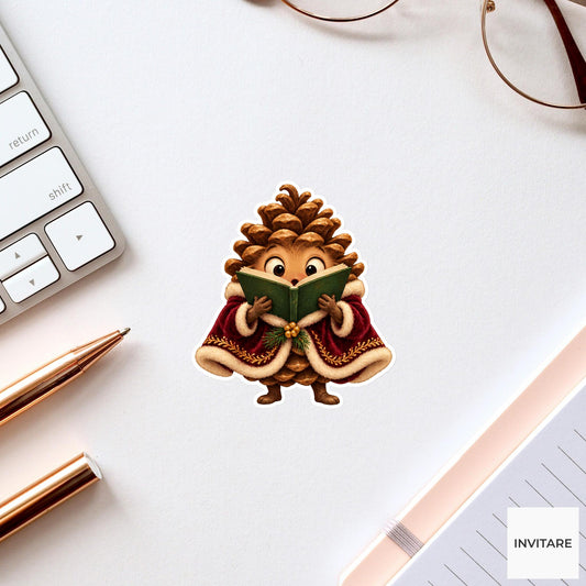 Pinecone Reading Songbook Closely Vinyl Sticker, Cozy Christmas Choir Decal