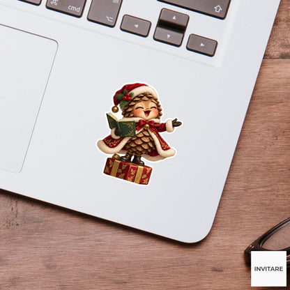Pinecone Singing On A Gift Box Vinyl Sticker, Cozy Christmas Choir Decal