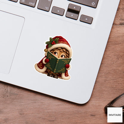 Shy Pinecone Behind Green Songbook Vinyl Sticker, Cozy Christmas Choir Decal