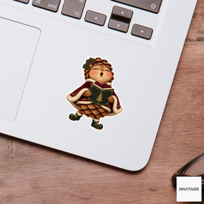 Pinecone Singing With Puffed Cheeks Vinyl Sticker, Cozy Christmas Choir Decal