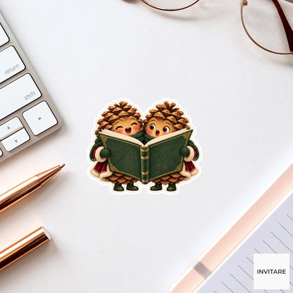 Two Pinecones Sharing One Songbook Vinyl Sticker, Cozy Christmas Choir Decal