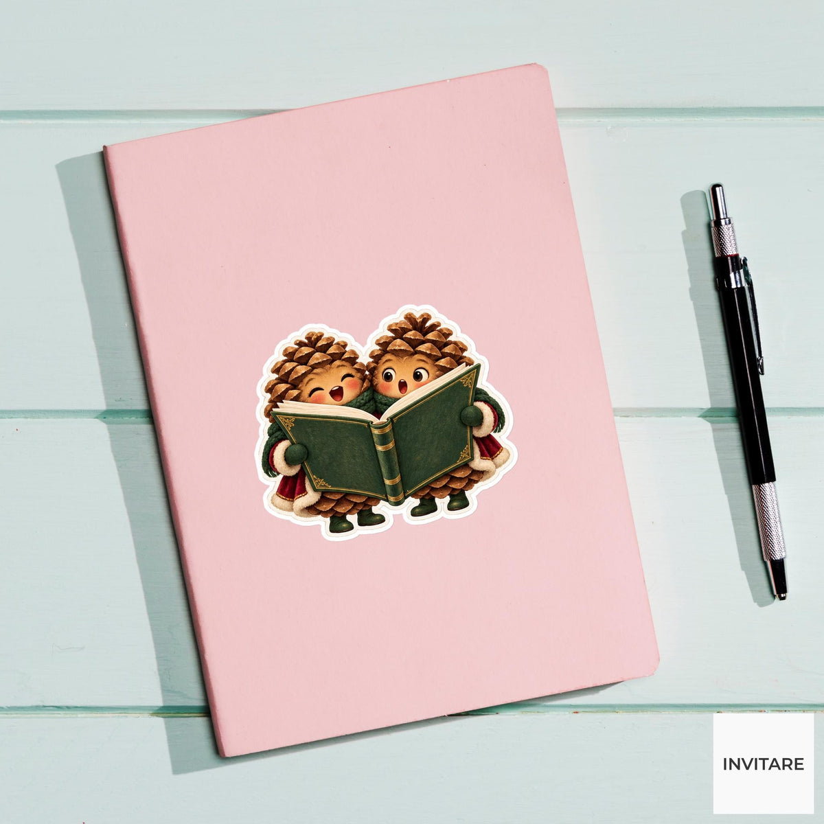 Two Pinecones Sharing One Songbook Vinyl Sticker, Cozy Christmas Choir Decal
