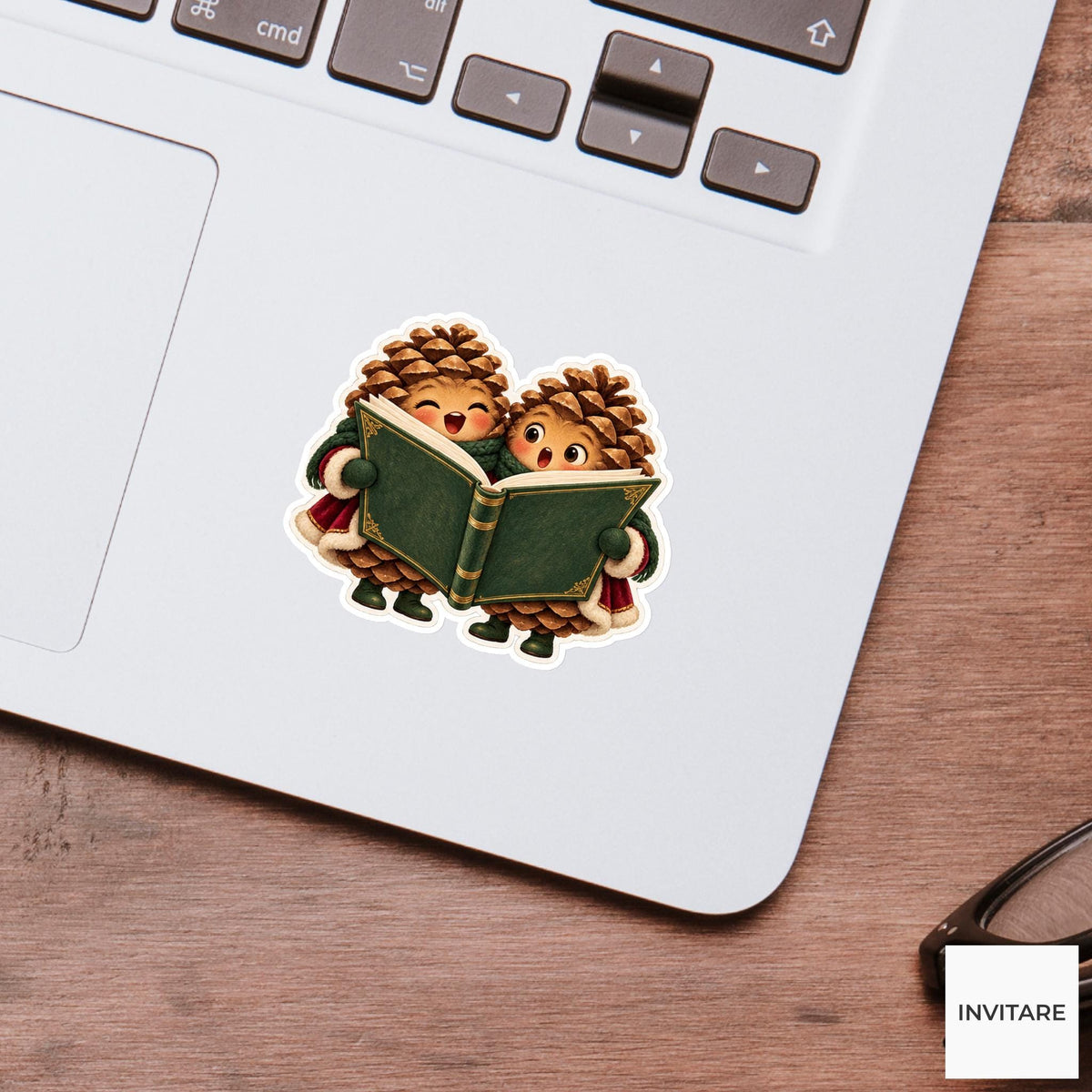 Two Pinecones Sharing One Songbook Vinyl Sticker, Cozy Christmas Choir Decal