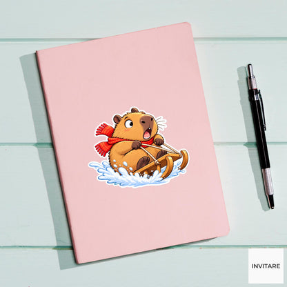 Capybara Gripping Sled Reins Vinyl Sticker, Cute Winter Sled Lesson Decal