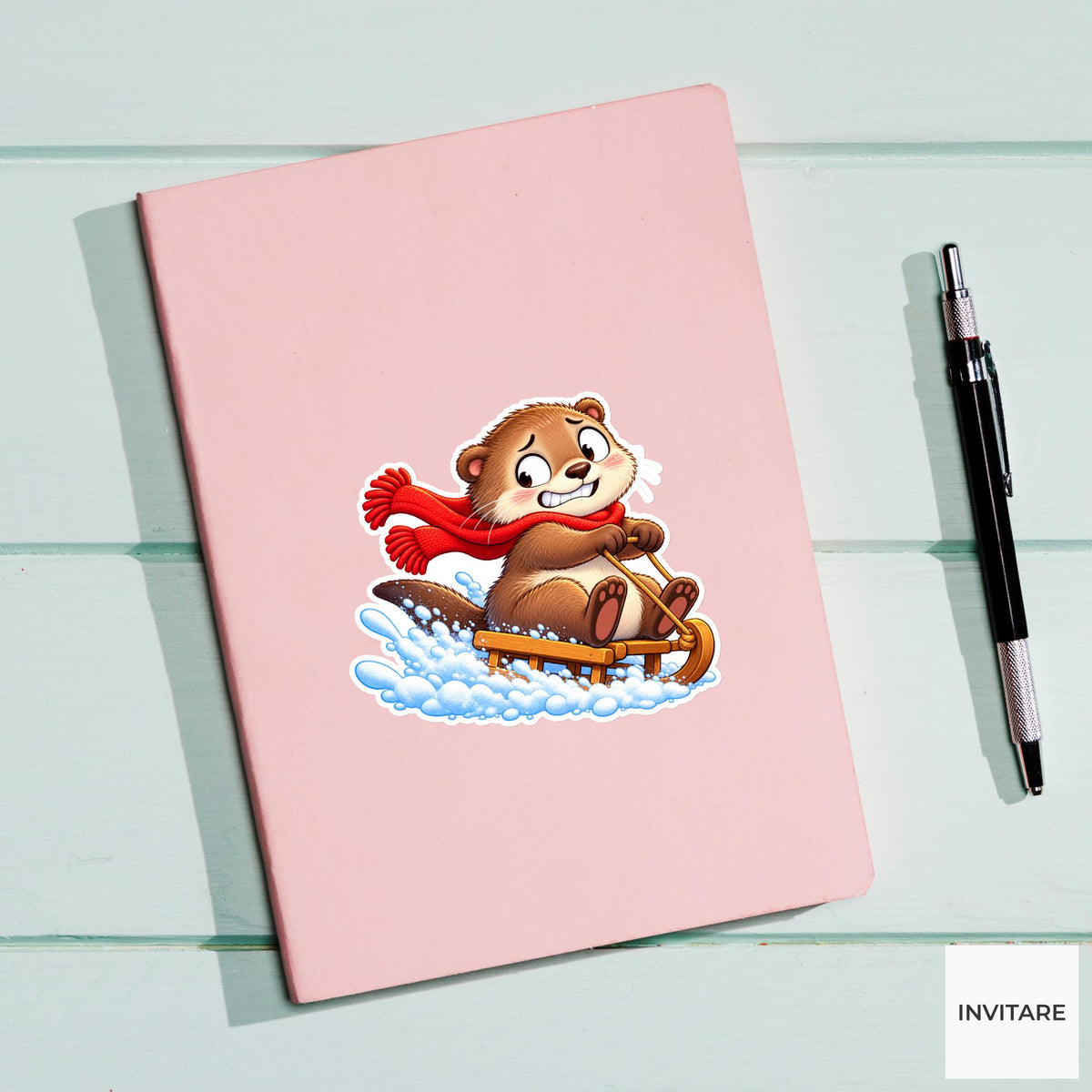 Otter Clutching Tiny Sled Vinyl Sticker, Cute Winter Sled Lesson Decal