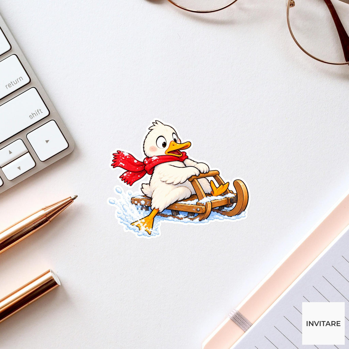 Duck Braking Sled With One Foot Vinyl Sticker, Cute Winter Sled Lesson Decal