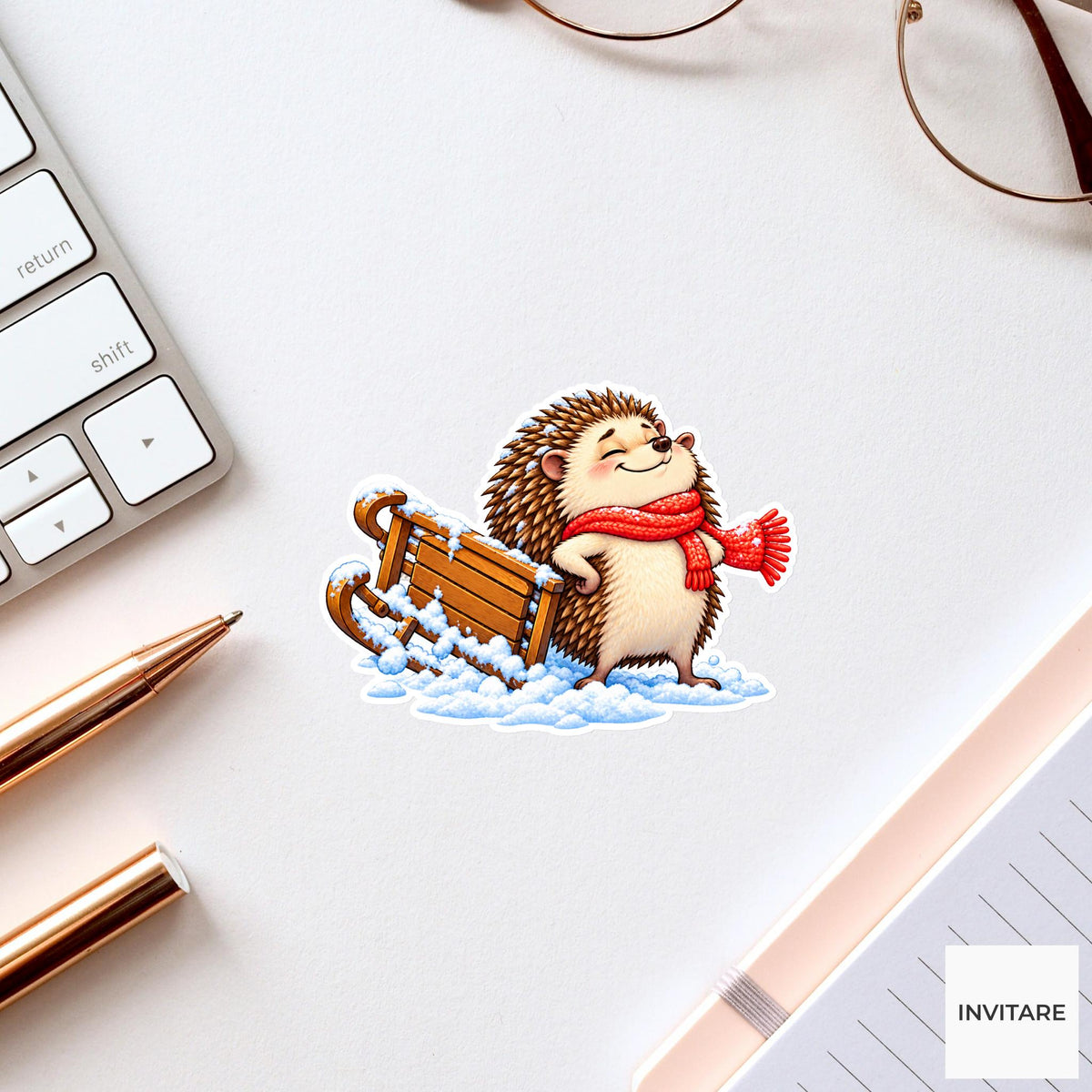 Hedgehog Beside Sideways Sled Vinyl Sticker, Cute Winter Sled Lesson Decal