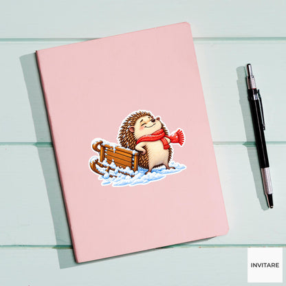 Hedgehog Beside Sideways Sled Vinyl Sticker, Cute Winter Sled Lesson Decal