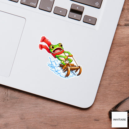 Frog Leaning On Racing Sled Vinyl Sticker, Cute Winter Sled Lesson Decal