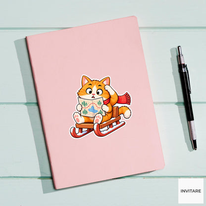 Confused Cat Reading Sled Map Vinyl Sticker, Cute Winter Sled Lesson Decal