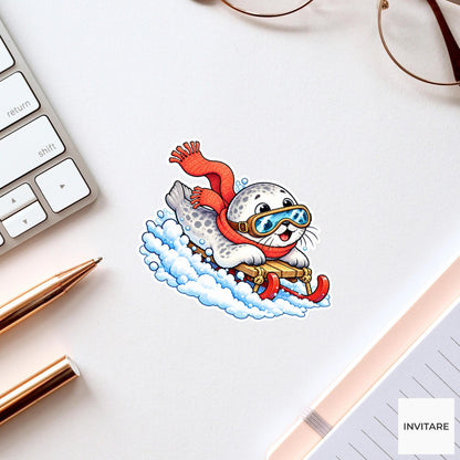 Seal Sledding In Huge Goggles Vinyl Sticker, Cute Winter Sled Lesson Decal