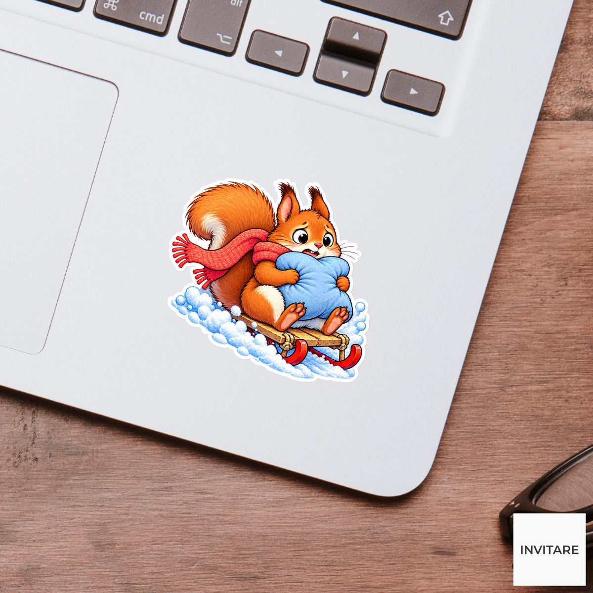 Squirrel Hugging Sled Cushion Vinyl Sticker, Cute Winter Sled Lesson Decal