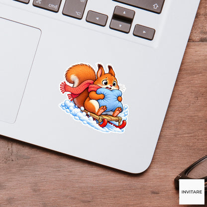 Squirrel Hugging Sled Cushion Vinyl Sticker, Cute Winter Sled Lesson Decal