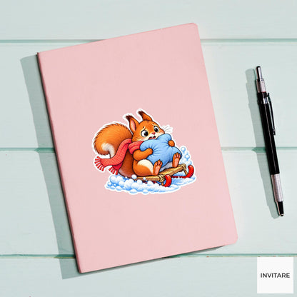 Squirrel Hugging Sled Cushion Vinyl Sticker, Cute Winter Sled Lesson Decal