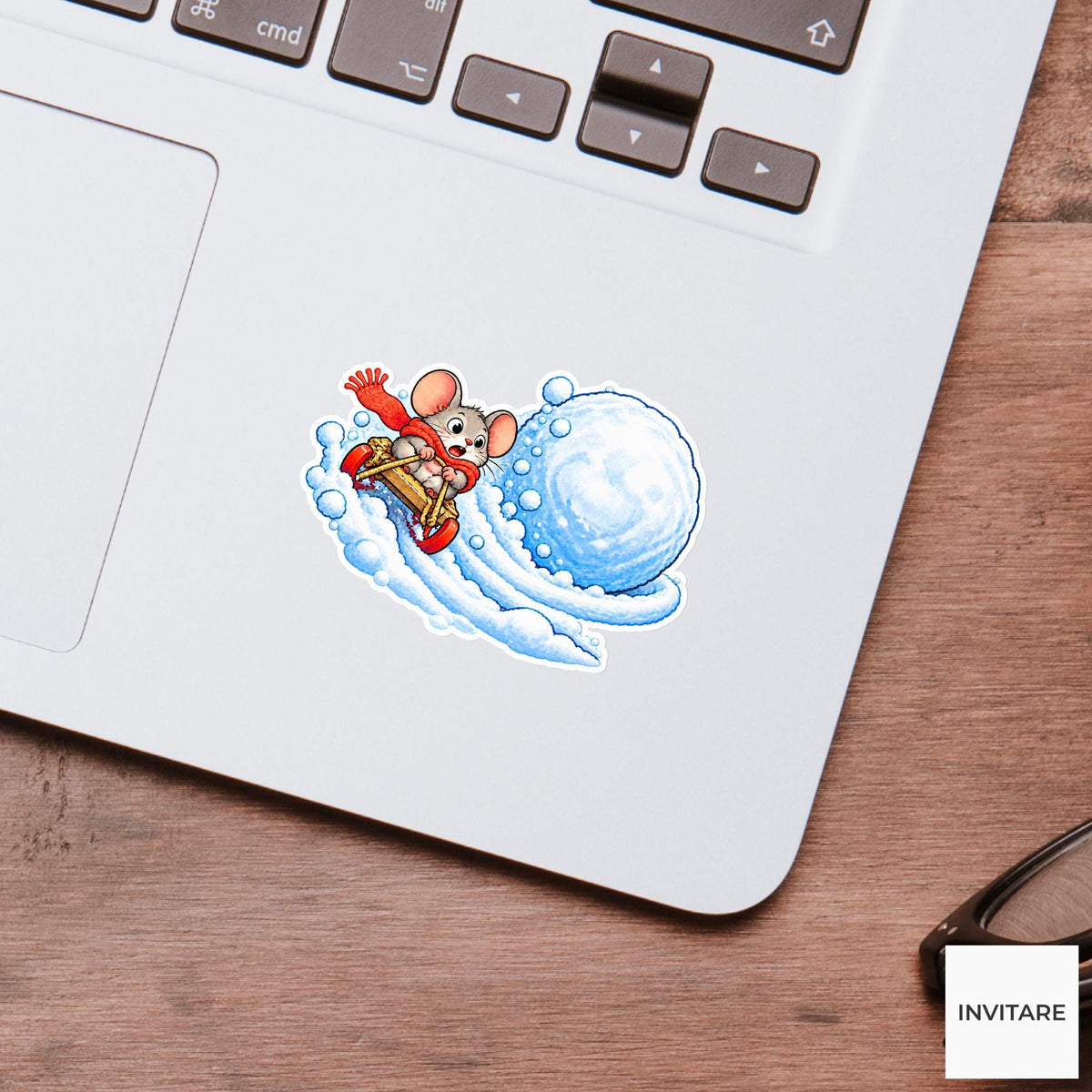Mouse Steering Around Snowball Vinyl Sticker, Cute Winter Sled Lesson Decal