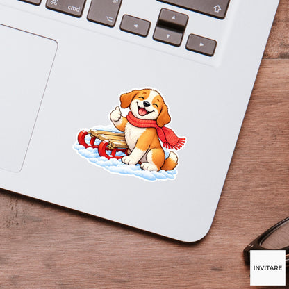 Dog Giving Thumbs Up By Sled Vinyl Sticker, Cute Winter Sled Lesson Decal